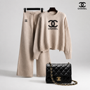 Beige Knit Sweater and Wide Leg Pants Set with Quilted Bag