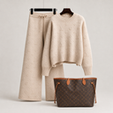 Luxury Beige Knit Sweater and Wide Leg Pants Set Styled with a Louis Vuitton Monogram Neverfull GM