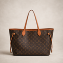 Luxury Beige Knit Sweater and Wide Leg Pants Set Styled with a Louis Vuitton Monogram Neverfull GM