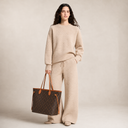 Luxury Beige Knit Sweater and Wide Leg Pants Set Styled with a Louis Vuitton Monogram Neverfull GM